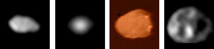 Jupiter - Vier kleinere maantjes waarvan het oppervlak werd gefotografeerd: Metis, Adrastea, Amalthea en Thebe