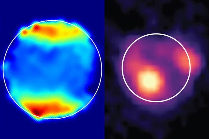 Een spectroscopische kaart van Ganymedes (links) afgeleid van JWST-metingen toont lichtabsorptie rond de polen die kenmerkend zijn voor het molecuul waterstofperoxide. Een JWST infrarood opname van Io (rechts) toont hete vulkaanuitbarstingen bij Kanehekili Fluctus (midden) en Loki Patera (rechts). De cirkels schetsen de oppervlakken van de twee manen