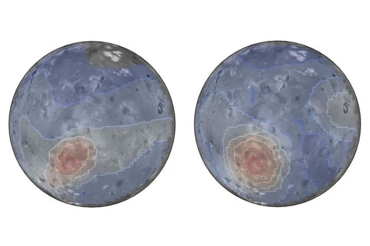 JWST-metingen verkregen in november 2022 bedekt met een kaart van het oppervlak van Io