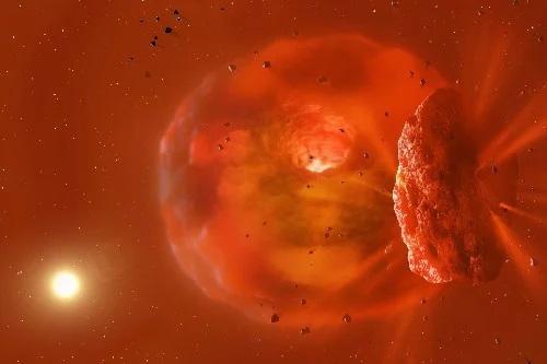 Dit is een artistieke impressie van het enorme, gloeiende planetaire lichaam als gevolg van een planetaire botsing. Op de voorgrond vliegen fragmenten van ijs en gesteente weg van de botsing 