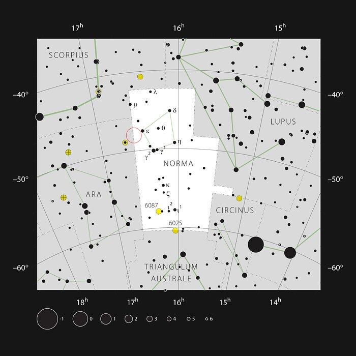 Kaartje - De nevel NGC 6164/6165 in het sterrenbeeld Norma