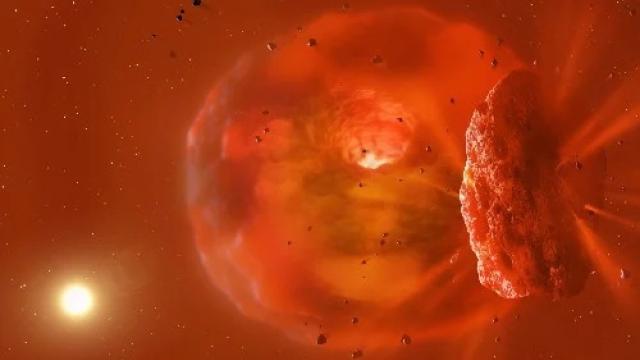 Dit is een artistieke impressie van het enorme, gloeiende planetaire lichaam als gevolg van een planetaire botsing. Op de voorgrond vliegen fragmenten van ijs en gesteente weg van de botsing